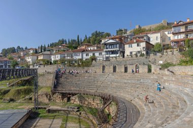 Ohri, Kuzey Makedonya - 23 Ekim 2023: Eski Makedonya Ohri Klasik Yunan Açık Hava Amfitiyatro Salonu.