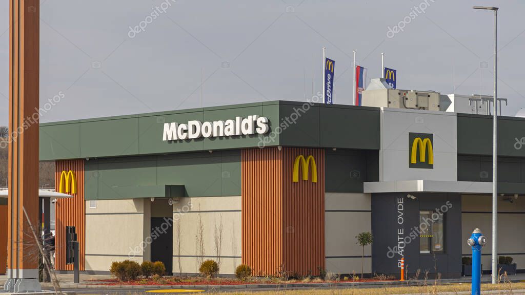 Belgrade, Serbia - February 10, 2024: Fast Food Restaurant McDonalds With Mc Drive Thru at Ava Shopping Park Highway.
