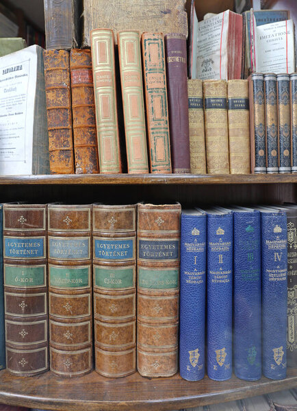 Будапешт, Венгрия - 13 июля 2015 года: на книжной полке венгерской библиотеки обнаружена редкая антикварная книга.