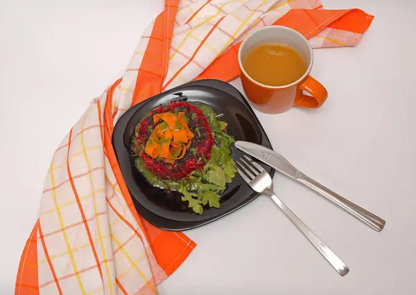Healthy Beetroot Carrots Arugula Salad Breakfast Served Orange Juice Mug Royalty Free Stock Photos