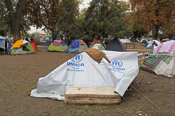 Belgrado Sérvia Setembro 2015 Tendas Acnur Com Refugiados Migrantes Acampados Imagem De Stock
