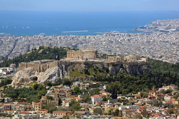 Atenas Grécia Maio 2015 Vista Aérea Paisagem Urbana Acrópole Monte Fotografia De Stock