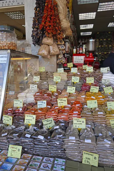 Atenas Grecia Mayo 2015 Especias Hierbas Bolsas Ingredientes Alimentos Tienda Imagen De Stock