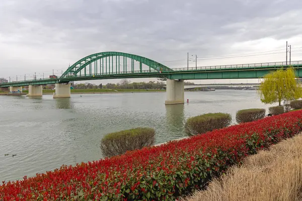 Antiguo Puente Arco Verde Sobre Río Sava Belgrado Serbia Imagen De Stock
