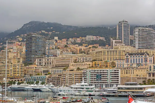 Monaco February 2016 Moored Yachts Port Hercules Cityscape View Cold Stock Picture
