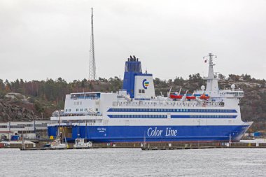 Stromstad, Sweden - November 1, 2016: Viking Ferry Boat Color Line Sandefjord Moored at Dock. clipart