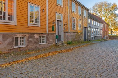 Fredrikstad, Norveç - 28 Ekim 2016: Cobblestone Caddesi Gamlebyen Tarihi Kasabasındaki Renkli Evler.