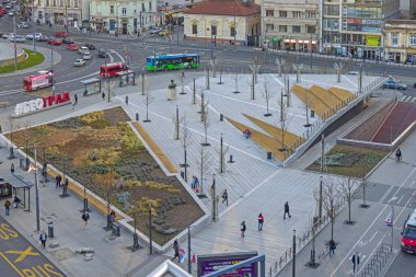 Belgrad, Sırbistan - 18 Şubat 2022: Başkentte Slavia Meydanı Soğuk Kış Öğleden Sonra Hava Görüntüsü.