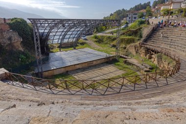 Ohri, Kuzey Makedonya - 23 Ekim 2023: Antik Makedon Klasik Yunan Açık Hava Amfi Tiyatrosu Tarihi Tarihi Yer.
