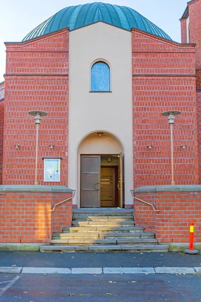 stock image Fredrikstad, Norway - October 28, 2016: Open Door Entry to St Birgitta Catholic Church Red Bricks Building at Autumn Day.