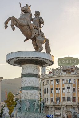 Skopje, North Macedonia - October 23, 2023: Monument to Alexander III of Macedonia at Main Square in Capital City. clipart