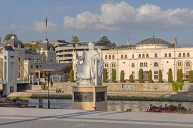 Skopje, North Macedonia - October 23, 2023: White Marble Statue Monument to Justinian Byzantine Emperor at Vardar River in Capital. City Centre. clipart