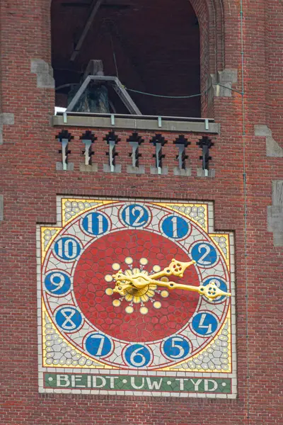 stock image Amsterdam, Netherlands - May 18, 2018: Public Clock and Bell Tower at Beurs van Berlage Building in Capital City Centre.