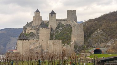 Golubac, Sırbistan - 14 Mart 2024: Tuna Nehri Bahar Günü 'nde Tarihi Tarihi Kale.