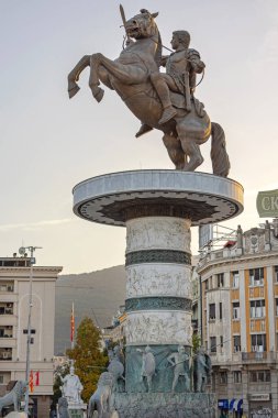 Skopje, North Macedonia - October 23, 2023: Equestrian Statue of Alexander III of Macedonia Historic Landmark at Main Square in Capital City. clipart