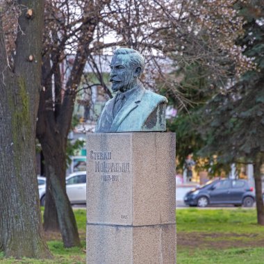 Negotin, Sırbistan - 14 Mart 2024: Stevan Mokranjac 'ın Bronz Patlaması Anıtı Şehir Parkı Bahar Öğleden Sonra' da Ünlü Sırp Besteci.