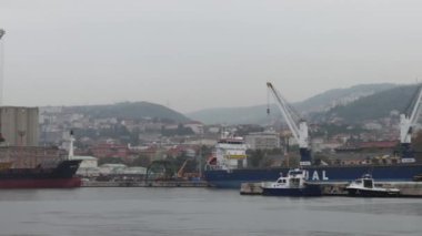 Vinçler Endüstriyel Depo Gemileri Rijeka Limanı Marina Rainy Sonbahar Günü pan Rijeka Hırvatistan