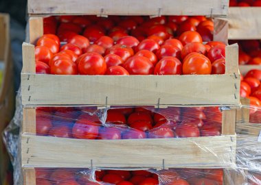 Toptan Market 'teki Tahta Sandıklar' da Kırmızı Domates Yığını