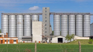 Uzun Metal Silo Tahıl Depolama Çiftliği Binaları Mavi Gökyüzü Bahar Günü