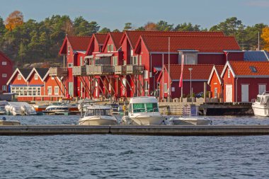 Norveç 'in Hvaler Adası' nda Geleneksel Kırmızı Orman Evleri Sonbahar Günü