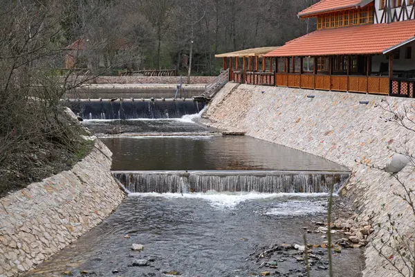 Gornji Milanovac, Sırbistan - 14 Nisan 2013: Eko Köyü Kostunici 'deki Su Çiftliği Su Havuzu.