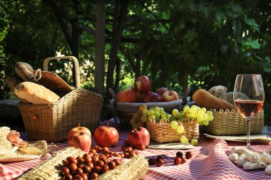 Ekmek, elma, şarap, üzüm ve jujube ile güneşin altında piknik..