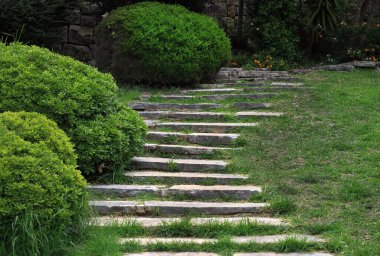 Çimlerle ve ağaçlarla çevrili taştan bir merdiven..