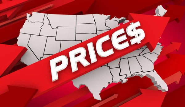 Estados Unidos Inflación Precios Aumento Mapa Costos Más Altos Flechas — Foto de Stock