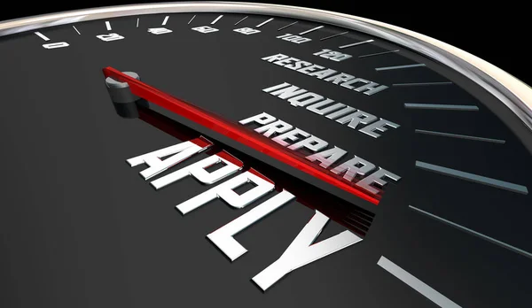 Apply Speedometer Quick Process Research Inquire Prepare Illustration — Stock Photo, Image