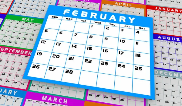 Calendario Del Segundo Mes Febrero Planificador Anual Calendario Febrero Ilustración —  Fotos de Stock