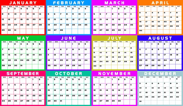 Ημερολόγιο Ημέρες Ημερομηνίες Μήνες Εβδομάδες Διορισμοί Εικονογράφηση — Φωτογραφία Αρχείου