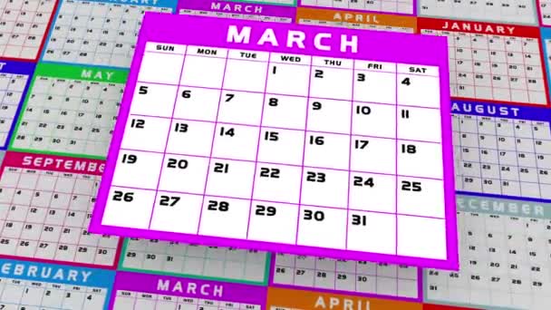 Марта День Календаря Дата Напоминание Март Анимации — стоковое видео