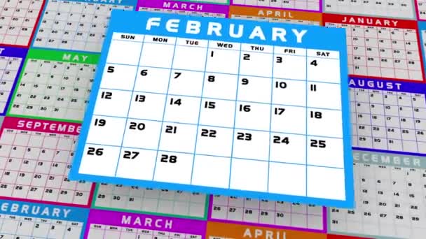 Лютий Другий Місяць Календар Щорічний Планувальник Лютий Розклад Анімація — стокове відео