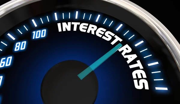 Процентные Ставки Speedometer Gauge Rising Higher Increase Borrow Money Illustration — стоковое фото