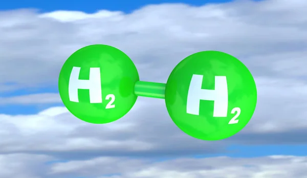 绿色氢分子原子H2清洁能源燃料环境3D说明 — 图库照片