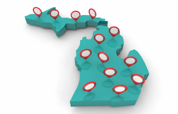 Michigan State City Destinations Locations Map Pins Illustration — Stock Fotó