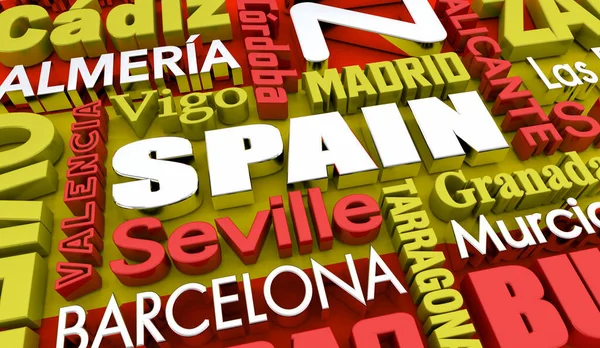 Spain Country Cities Travel Destinations Word Collage Illustration —  Fotos de Stock
