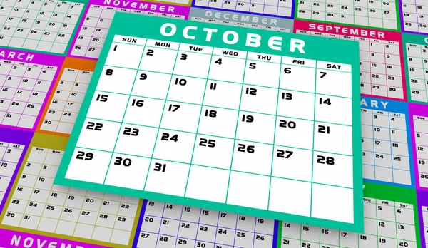 Octubre Oct Calendario Mes Horario Planificador Día Fecha Recordatorio Ilustración —  Fotos de Stock