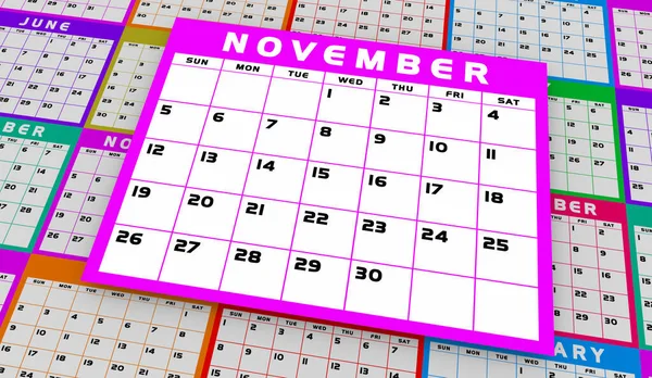 Noviembre Nov Calendario Mes Horario Planificador Día Fecha Recordatorio Ilustración —  Fotos de Stock