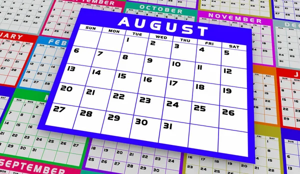 Calendario Agosto Calendario Mes Planificador Horarios Día Fecha Recordatorio Ilustración — Foto de Stock
