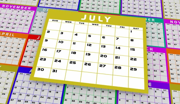Julio Mes Calendario Días Fechas Planificador Horarios Verano Ilustración —  Fotos de Stock
