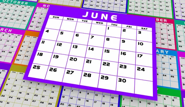 Junho Mês Calendário Dias Datas Agenda Lembrete Verão Ilustração — Fotografia de Stock