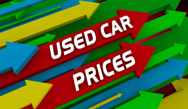 Цены Подержанные Автомобили Растут Выше Стрелки Инфляция Автомобиля Иллюстрация — стоковое фото
