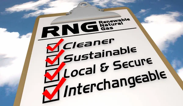 Rng再生可能天然ガスの利点チェックリストクリーナー持続可能な信頼性の高い3Dイラスト — ストック写真