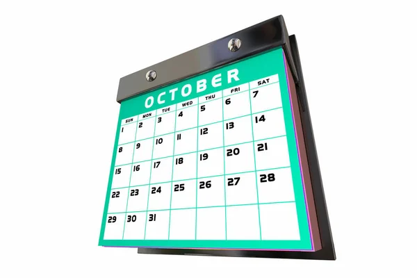 Octubre Mes Calendario Planificador Horario Días Fechas Recordatorio Oct Otoño — Foto de Stock