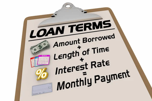 貸付条件毎月の支払金利の長さ時間のチェックリスト3Dイラストを計算 — ストック写真