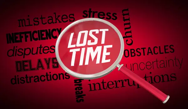 Lost Time Magnifying Glass Wasted Causes Mistakes Inefficiency Stop Interruptions — Stock Photo, Image