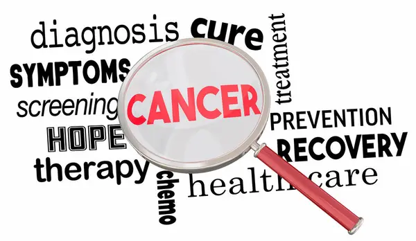 Cancer Magnifying Glass Words Find Care Treatment Disease Prevention Illustration — Stock Photo, Image
