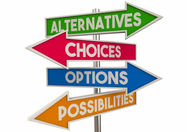 Alternativas Opciones Opciones Posibilidades Arrow Signs Choose Best Way Illustration — Foto de Stock