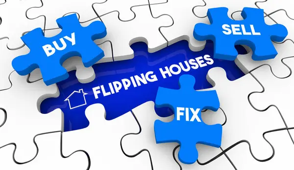 Flipping Maisons Puzzle Pièces Acheter Fix Vendre Maisons Illustration Photo De Stock